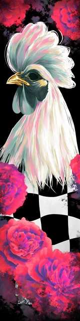 Free colorful bookmark featuring a chicken face on checkered floral design